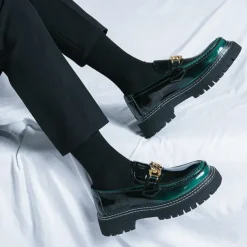 Men's Green Patent Faux Leather Loafers with Gold Chain Detail and Chunky Lug Sole – Modern Casual Footwear for Everyday Style