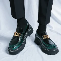 Men's Green Patent Faux Leather Loafers with Gold Chain Detail and Chunky Lug Sole – Modern Casual Footwear for Everyday Style