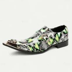 Men's Green Snake Print Leather Slip-On Loafers with Metal Buckle and Decorative Toe Cap - Premium Cowhide Exotic Style Dress Shoes for Parties and Formal Events