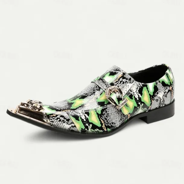 Men's Green Snake Print Leather Slip-On Loafers with Metal Buckle and Decorative Toe Cap - Premium Cowhide Exotic Style Dress Shoes for Parties and Formal Events