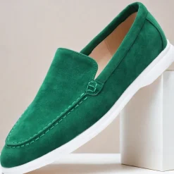 Men's Green Suede Casual Loafers with Lightweight Non-Slip White Sole, Comfortable Slip-On Design, and Breathable Material