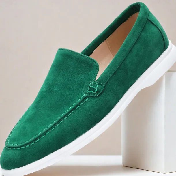 Men's Green Suede Casual Loafers with Lightweight Non-Slip White Sole, Comfortable Slip-On Design, and Breathable Material