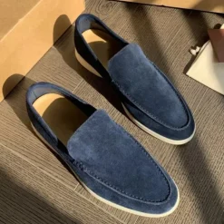 Men's Green Suede Casual Loafers with Lightweight Non-Slip White Sole, Comfortable Slip-On Design, and Breathable Material