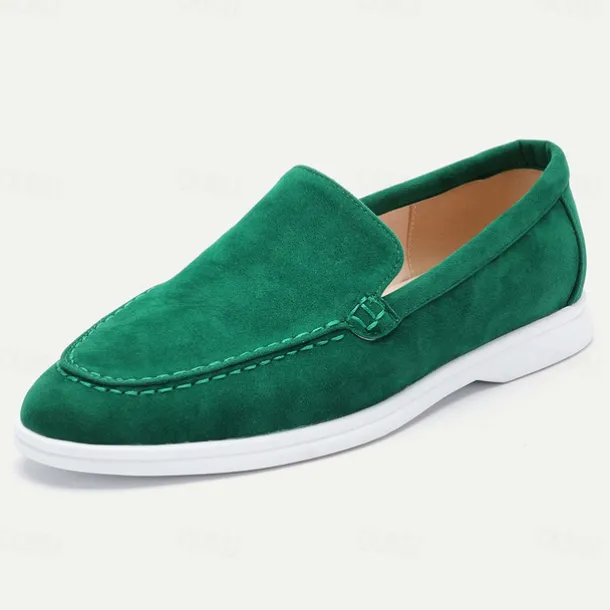 Men's Green Suede Casual Loafers with Lightweight Non-Slip White Sole, Comfortable Slip-On Design, and Breathable Material