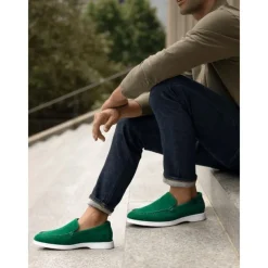 Men's Green Suede Casual Loafers with Lightweight Non-Slip White Sole, Comfortable Slip-On Design, and Breathable Material
