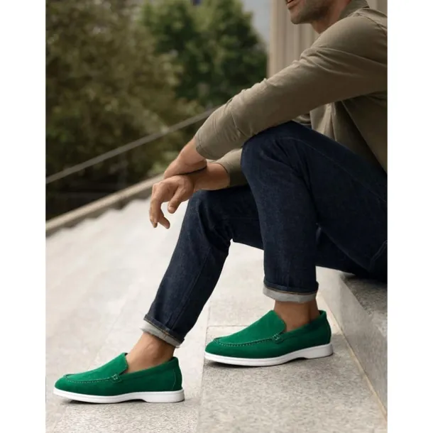 Men's Green Suede Casual Loafers with Lightweight Non-Slip White Sole, Comfortable Slip-On Design, and Breathable Material