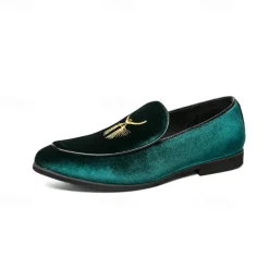 Men's Green Velvet Loafers with Gold Embroidery – Luxurious Slip-On Shoes for Formal Events and Weddings