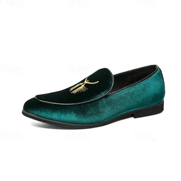 Men's Green Velvet Loafers with Gold Embroidery – Luxurious Slip-On Shoes for Formal Events and Weddings