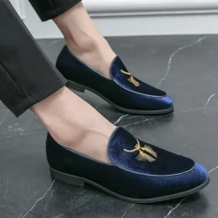 Men's Green Velvet Loafers with Gold Embroidery – Luxurious Slip-On Shoes for Formal Events and Weddings