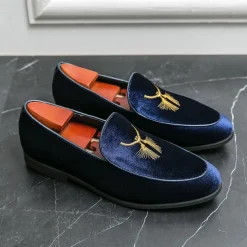 Men's Green Velvet Loafers with Gold Embroidery – Luxurious Slip-On Shoes for Formal Events and Weddings