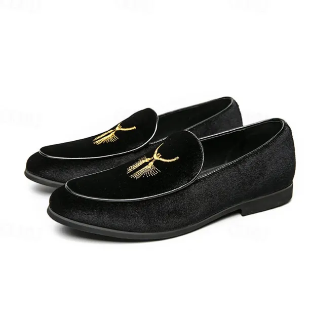 Men's Green Velvet Loafers with Gold Embroidery – Luxurious Slip-On Shoes for Formal Events and Weddings