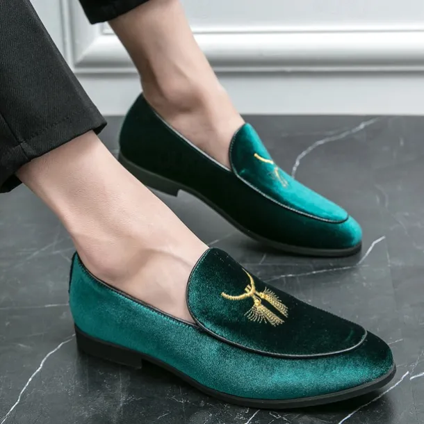 Men's Green Velvet Loafers with Gold Embroidery – Luxurious Slip-On Shoes for Formal Events and Weddings