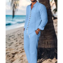 Men's Guayabera Shirt 2 Piece Shirt Set Matching Sets Casual Shirt Plain Vacation Going out Black White Light Blue Long Sleeve Standing Collar Spring & Summer Clothing Apparel Front Pocket