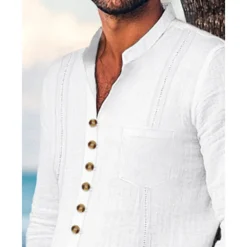 Men's Guayabera Shirt 2 Piece Shirt Set Matching Sets Casual Shirt Plain Vacation Going out Black White Light Blue Long Sleeve Standing Collar Spring & Summer Clothing Apparel Front Pocket