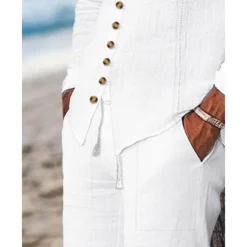 Men's Guayabera Shirt 2 Piece Shirt Set Matching Sets Casual Shirt Plain Vacation Going out Black White Light Blue Long Sleeve Standing Collar Spring & Summer Clothing Apparel Front Pocket