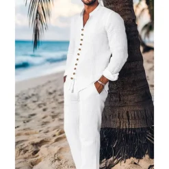 Men's Guayabera Shirt 2 Piece Shirt Set Matching Sets Casual Shirt Plain Vacation Going out Black White Light Blue Long Sleeve Standing Collar Spring & Summer Clothing Apparel Front Pocket