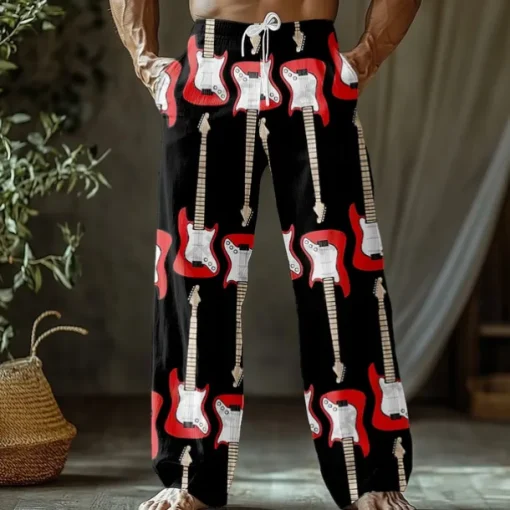 Men's Guitar Musical Instrument Trousers Baggy Pants Casual Pants Mid Waist Retro Vintage Outdoor Vacation Side Pockets Elastic Waist Wide Leg Summer Spring 3D Print Black White Blue
