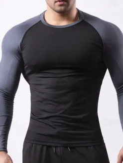 Men's Gym Shirt Fitness Shirt Long Sleeve Shirt Crew Neck Long Sleeve Sports & Outdoor Vacation Going out Casual Daily Quick dry Breathable Soft Plain Black / White Black Activewear Fashion Sport