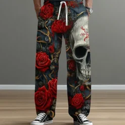 Men's Halloween Costumes Day of the Dead Trousers Baggy Pants Casual Pants Mid Waist Dark Punk Gothic Style Holiday Elastic Drawstring Waist Linen-Like Pants with Pockets Spring Fall 3D Print Dark