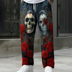 Men's Halloween Costumes Day of the Dead Trousers Baggy Pants Casual Pants Mid Waist Dark Punk Gothic Style Holiday Elastic Drawstring Waist Linen-Like Pants with Pockets Spring Fall 3D Print Dark