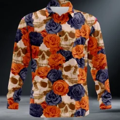 Men's Halloween Costumes Day of the Dead Shirt Button Up Shirt Long Sleeve Dark Punk Gothic Style Outdoor Holiday Summer Spring Turndown 3D Print Collared Shirts Orange red Purple Orange