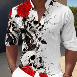 Men's Halloween Costumes Day of the Dead Rose Button Up Shirt Long Sleeve Horror Dark Vacation Party Evening Wear Daily Summer Spring & Fall Grandad Collar Band Collar 3D Print Rose+Black Violet Red