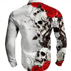 Men's Halloween Costumes Day of the Dead Rose Button Up Shirt Long Sleeve Horror Dark Vacation Party Evening Wear Daily Summer Spring & Fall Grandad Collar Band Collar 3D Print Rose+Black Violet Red