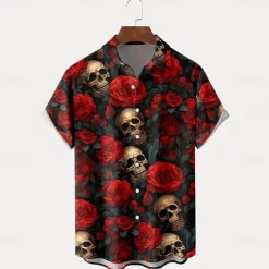 Men's Halloween Costumes Day of the Dead Rose Shirt Summer Shirt Button Up Shirt Short Sleeve Dark Punk Gothic Style Holiday Streetwear Summer Turndown 3D Print Front One Pocket Linen Like Shirt Black
