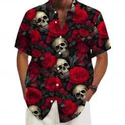 Men's Halloween Costumes Day of the Dead Rose Shirt Summer Shirt Button Up Shirt Short Sleeve Dark Punk Gothic Style Holiday Streetwear Summer Turndown 3D Print Front One Pocket Linen Like Shirt Black