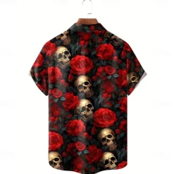 Men's Halloween Costumes Day of the Dead Rose Shirt Summer Shirt Button Up Shirt Short Sleeve Dark Punk Gothic Style Holiday Streetwear Summer Turndown 3D Print Front One Pocket Linen Like Shirt Black