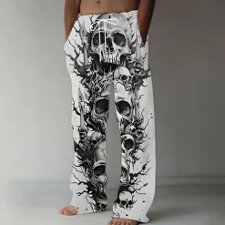 Men's Halloween Costumes Skulls Trousers Baggy Pants Casual Pants Mid Waist Dark Gothic Style Holiday Streetwear Elastic Drawstring Waist Linen-Like Pants with Pockets Summer Spring 3D Print Black 1