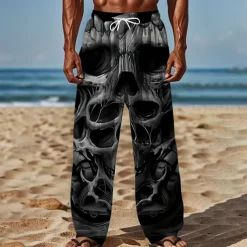 Men's Halloween Costumes Skulls Trousers Baggy Pants Casual Pants Mid Waist Dark Gothic Style Holiday Streetwear Elastic Drawstring Waist Linen-Like Pants with Pockets Summer Spring 3D Print Black 1