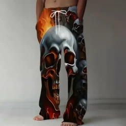 Men's Halloween Costumes Skulls Trousers Baggy Pants Casual Pants Mid Waist Dark Gothic Style Holiday Streetwear Elastic Drawstring Waist Linen-Like Pants with Pockets Summer Spring 3D Print Black