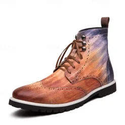 Men's Hand-Painted Brogue Ankle Boots with Lace-Up Design, Faux Leather Upper, and Rugged Sole – Stylish Vintage Casual Footwear