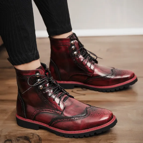 Men's Hand-Painted Brogue Ankle Boots with Lace-Up Design, Faux Leather Upper, and Rugged Sole – Stylish Vintage Casual Footwear