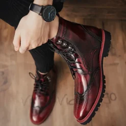 Men's Hand-Painted Brogue Ankle Boots with Lace-Up Design, Faux Leather Upper, and Rugged Sole – Stylish Vintage Casual Footwear