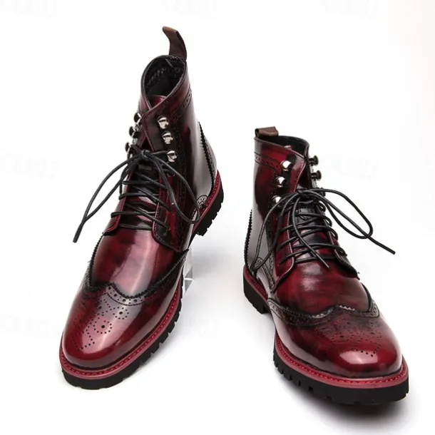 Men's Hand-Painted Brogue Ankle Boots with Lace-Up Design, Faux Leather Upper, and Rugged Sole – Stylish Vintage Casual Footwear