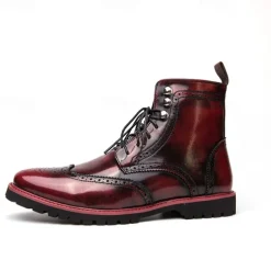 Men's Hand-Painted Brogue Ankle Boots with Lace-Up Design, Faux Leather Upper, and Rugged Sole – Stylish Vintage Casual Footwear