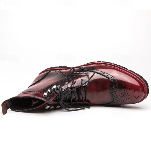 Men's Hand-Painted Brogue Ankle Boots with Lace-Up Design, Faux Leather Upper, and Rugged Sole – Stylish Vintage Casual Footwear