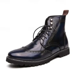 Men's Hand-Painted Brogue Ankle Boots with Lace-Up Design, Faux Leather Upper, and Rugged Sole – Stylish Vintage Casual Footwear