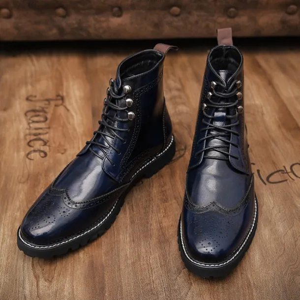 Men's Hand-Painted Brogue Ankle Boots with Lace-Up Design, Faux Leather Upper, and Rugged Sole – Stylish Vintage Casual Footwear