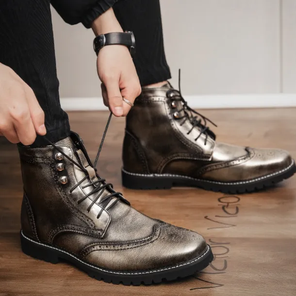 Men's Hand-Painted Brogue Ankle Boots with Lace-Up Design, Faux Leather Upper, and Rugged Sole – Stylish Vintage Casual Footwear
