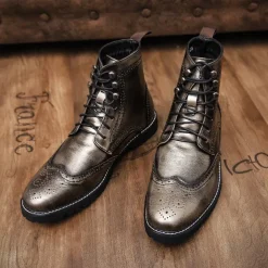 Men's Hand-Painted Brogue Ankle Boots with Lace-Up Design, Faux Leather Upper, and Rugged Sole – Stylish Vintage Casual Footwear