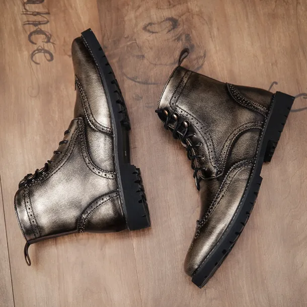 Men's Hand-Painted Brogue Ankle Boots with Lace-Up Design, Faux Leather Upper, and Rugged Sole – Stylish Vintage Casual Footwear