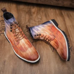 Men's Hand-Painted Brogue Ankle Boots with Lace-Up Design, Faux Leather Upper, and Rugged Sole – Stylish Vintage Casual Footwear