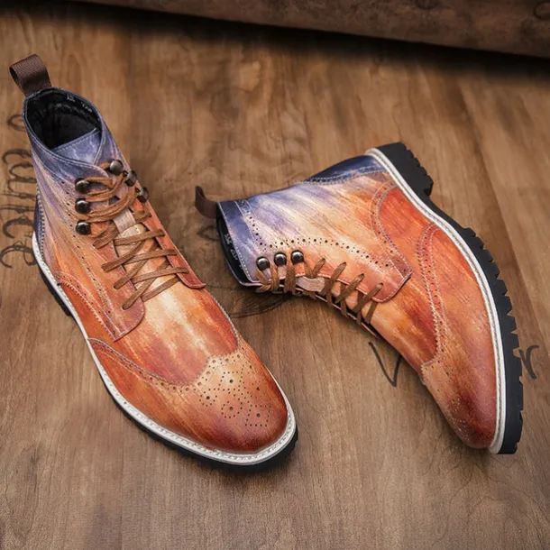 Men's Hand-Painted Brogue Ankle Boots with Lace-Up Design, Faux Leather Upper, and Rugged Sole – Stylish Vintage Casual Footwear
