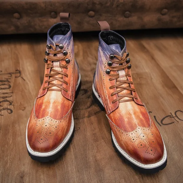 Men's Hand-Painted Brogue Ankle Boots with Lace-Up Design, Faux Leather Upper, and Rugged Sole – Stylish Vintage Casual Footwear