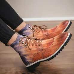 Men's Hand-Painted Brogue Ankle Boots with Lace-Up Design, Faux Leather Upper, and Rugged Sole – Stylish Vintage Casual Footwear