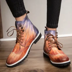 Men's Hand-Painted Brogue Ankle Boots with Lace-Up Design, Faux Leather Upper, and Rugged Sole – Stylish Vintage Casual Footwear