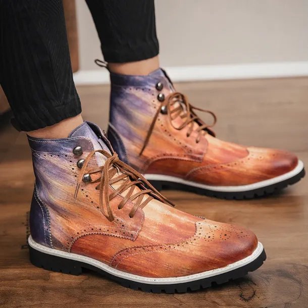 Men's Hand-Painted Brogue Ankle Boots with Lace-Up Design, Faux Leather Upper, and Rugged Sole – Stylish Vintage Casual Footwear